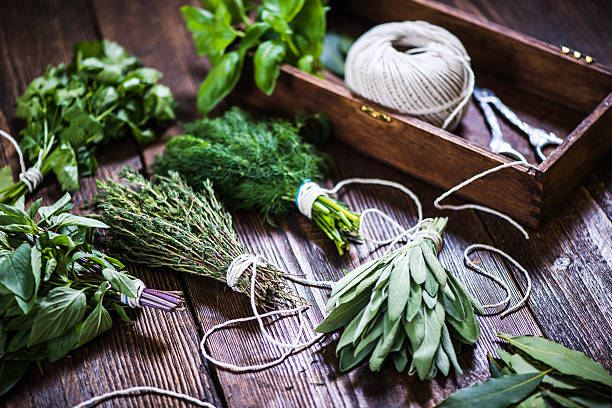fresh herbs on wooden table, in gardener home